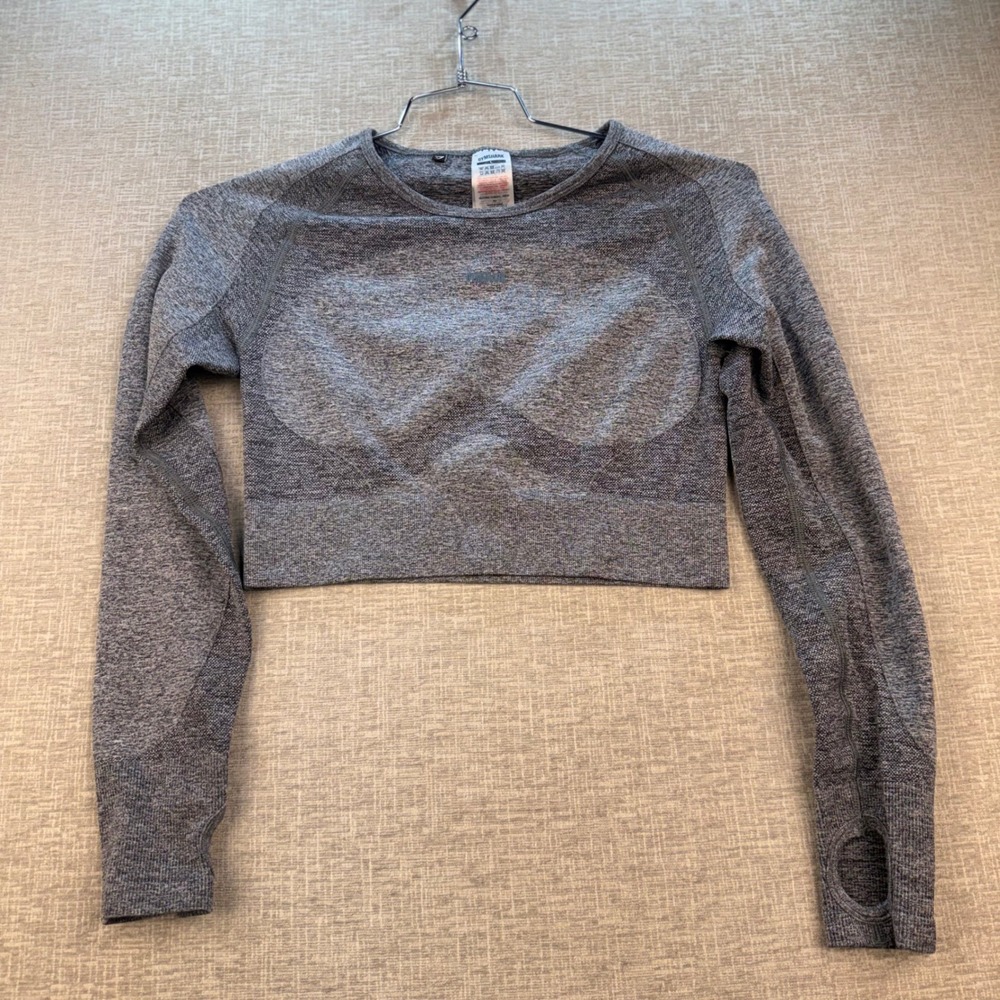 Gymshark Womens Grey Marl Seamless Long Sleeve Crop Top Thumbholes Size L